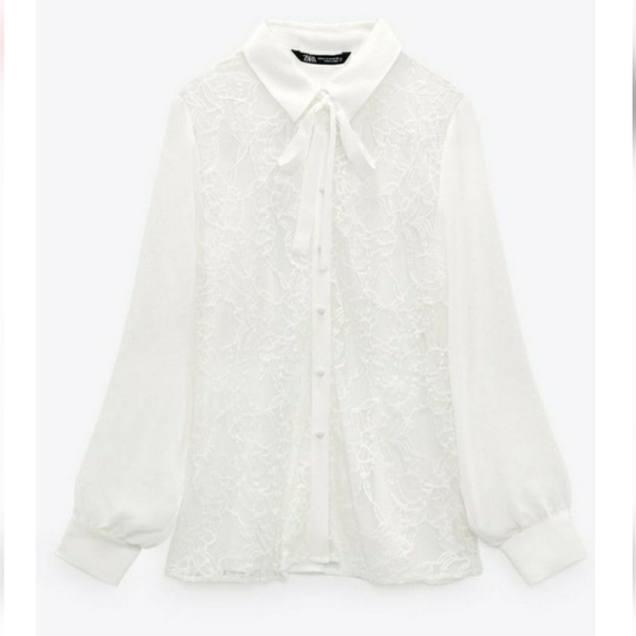 NWT Zara White Lace Top with Bow Tie Collar, Size M - Picture 6 of 9